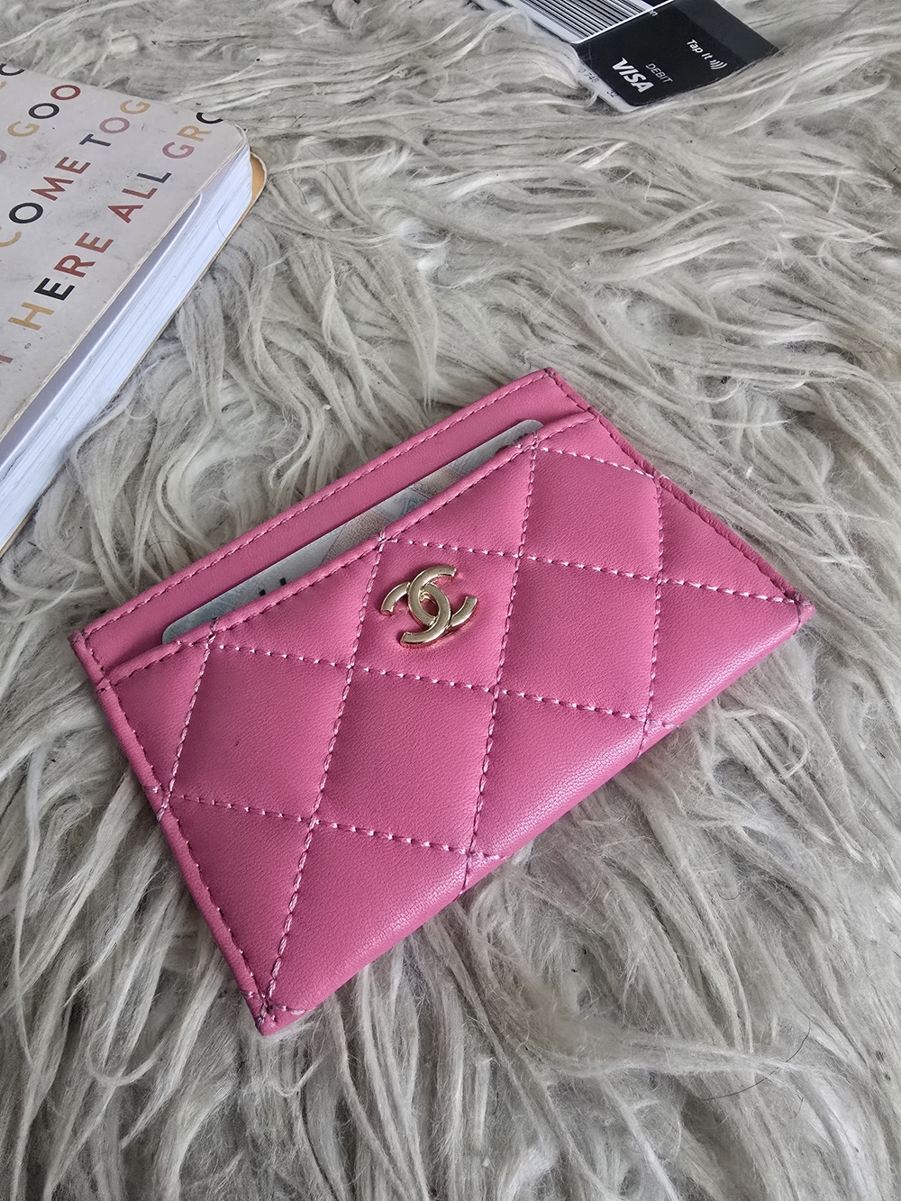 Sleek Street Designer Quilted Hot Candy Pink Card Holder with Gold Logo